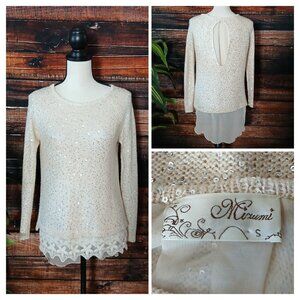 Mizumi Sweater Size Small Cream Sequin Open Back Sheer Accents Droptail